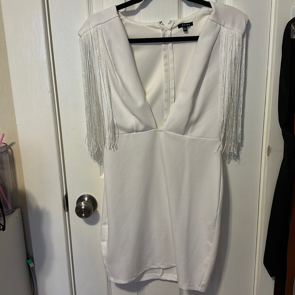 White Fringe Plunge Dress